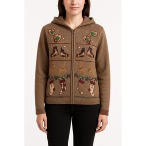 Victoria Jones Womens Christmas Zip Hoodie Reindeer Stockings Brown Sweater L